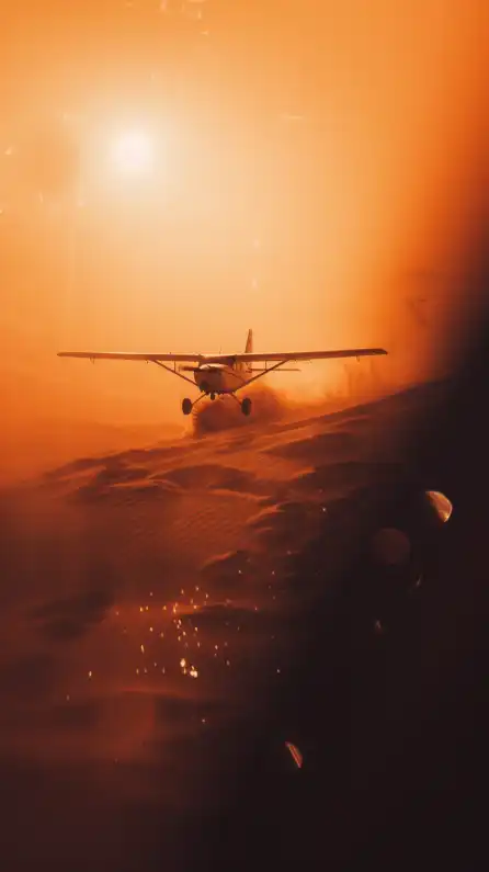 a small plane flying over a sand dune