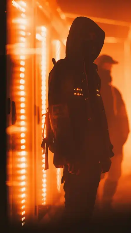 a hacker standing infront of his server rack