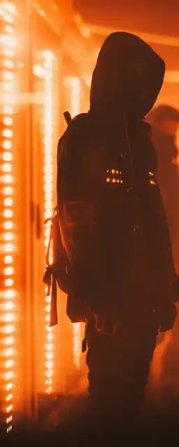 a hacker standing infront of his server rack
