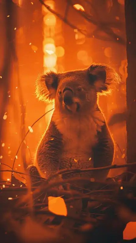 a koala bear infront of a burning jungle