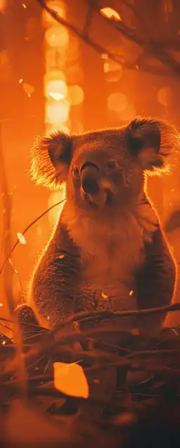 a koala bear infront of a burning jungle