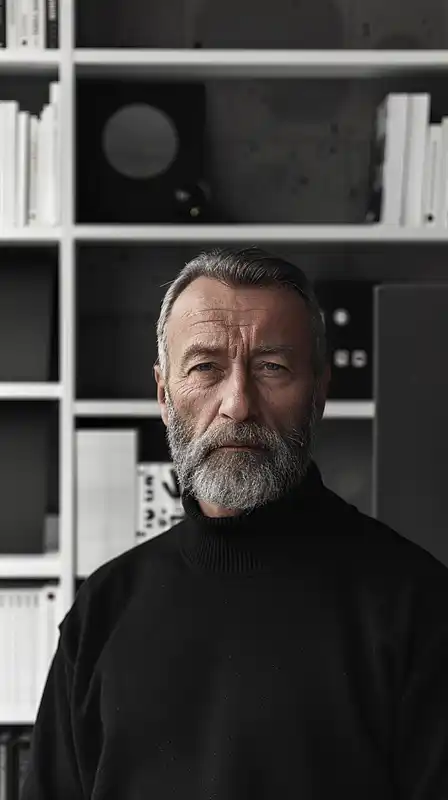Close-up portrait of a middle-aged man with salt-and-pepper beard and tired eyes, soft window light casting natural highlights on his face, blurred book-filled background, skin texture detailed and warm-toned