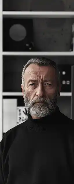 Close-up portrait of a middle-aged man with salt-and-pepper beard and tired eyes, soft window light casting natural highlights on his face, blurred book-filled background, skin texture detailed and warm-toned