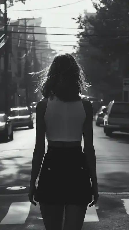A woman walking down a quiet suburban street at golden hour, wind slightly lifting her hair, sun rays casting long shadows across pavement, parked cars and trees perfectly lit