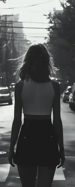 A woman walking down a quiet suburban street at golden hour, wind slightly lifting her hair, sun rays casting long shadows across pavement, parked cars and trees perfectly lit