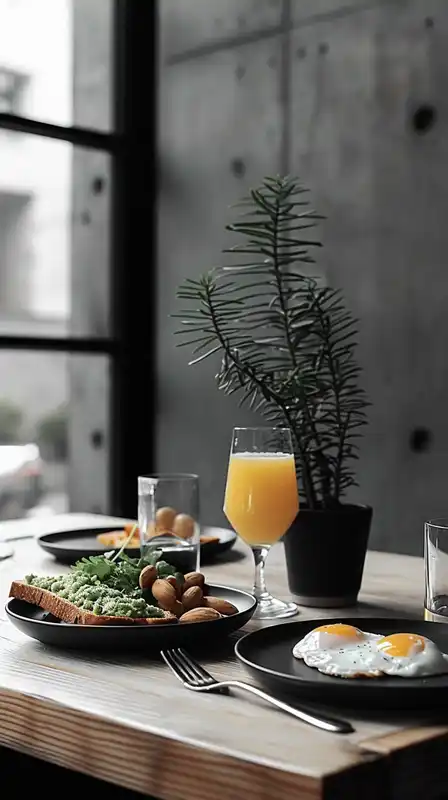 A gourmet breakfast spread on a rustic wooden table: avocado toast, poached eggs, fresh orange juice in glass, soft morning sunlight from the left, depth of field highlighting crispy textures