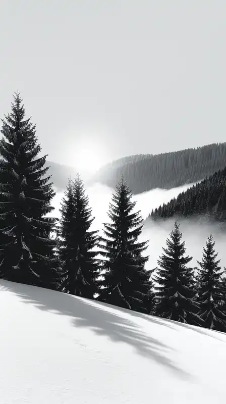 A snow-covered mountain landscape at sunrise, foreground of pine trees with frost-covered branches, light fog over valley, sun breaking through clouds and creating natural lens flare
