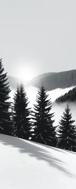 A snow-covered mountain landscape at sunrise, foreground of pine trees with frost-covered branches, light fog over valley, sun breaking through clouds and creating natural lens flare
