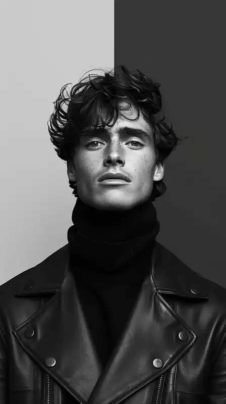 Studio-lit fashion portrait of a young man in a leather jacket, neutral gray backdrop, sharp facial detail with defined cheekbones, subtle highlights on the fabric, soft box reflection in eyes