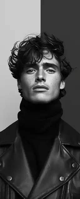 Studio-lit fashion portrait of a young man in a leather jacket, neutral gray backdrop, sharp facial detail with defined cheekbones, subtle highlights on the fabric, soft box reflection in eyes