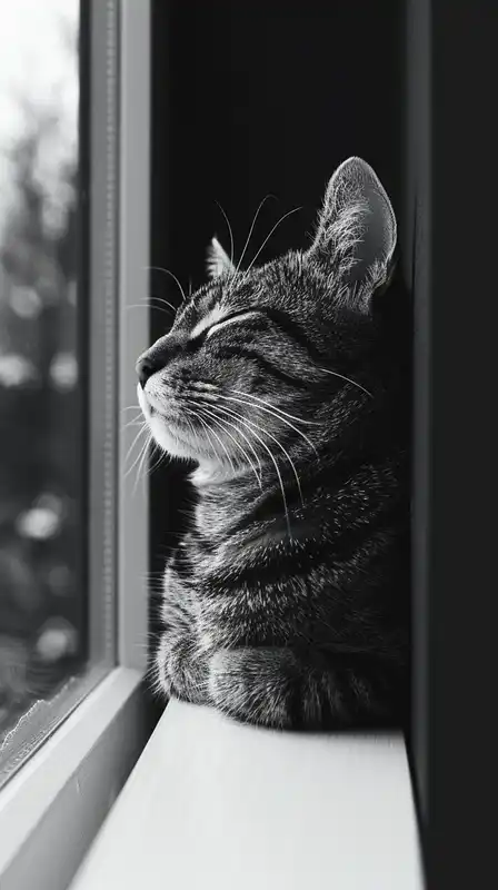 Close-up of a cat resting on a windowsill, eyes half-closed, fur illuminated with soft daylight, blurred background of a garden visible outside, detailed textures in whiskers and fur