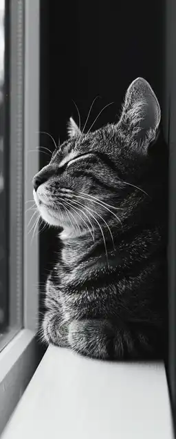 Close-up of a cat resting on a windowsill, eyes half-closed, fur illuminated with soft daylight, blurred background of a garden visible outside, detailed textures in whiskers and fur