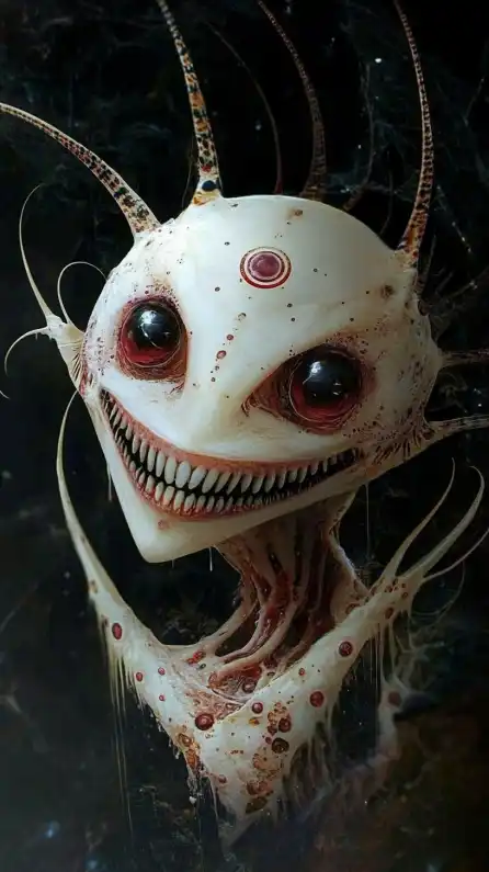 an alien smiling into the camera
