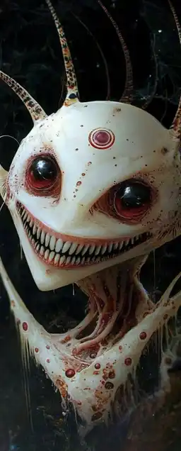 an alien smiling into the camera