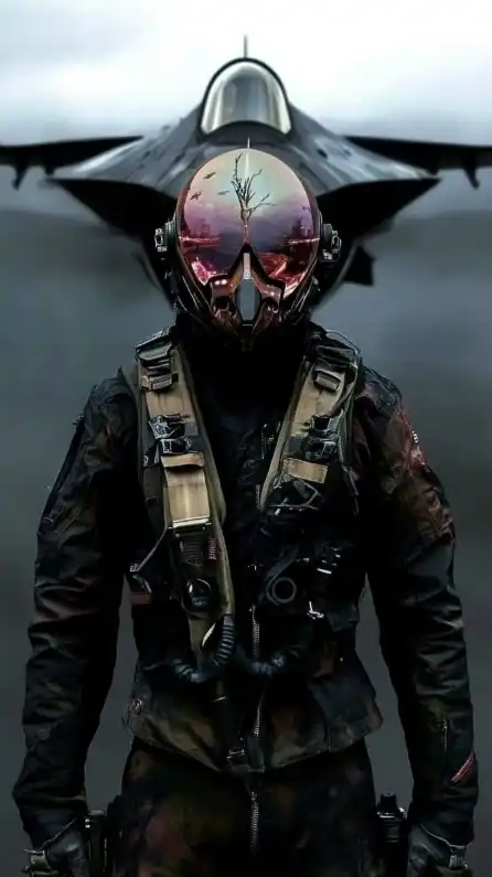 close up shot of a fighter jet pilot standing in front of his heavily armed fighter jet