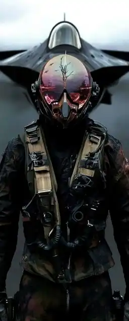 close up shot of a fighter jet pilot standing in front of his heavily armed fighter jet