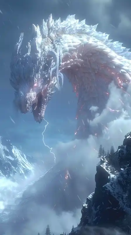A towering frost dragon coiled around a snowy mountain peak, wings outstretched against a storm-lit sky, lightning illuminating the ice-crusted scales, tiny village glowing below, casting a faint blue aurora