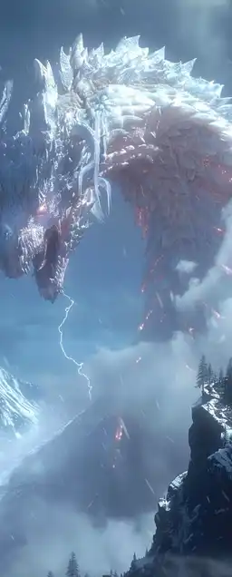 A towering frost dragon coiled around a snowy mountain peak, wings outstretched against a storm-lit sky, lightning illuminating the ice-crusted scales, tiny village glowing below, casting a faint blue aurora
