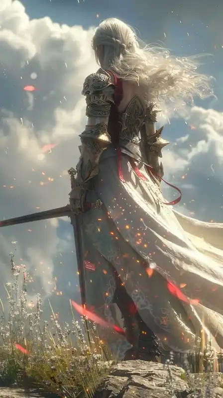 A warrior queen in ornate silver armor standing atop a ruined castle wall, her sword glowing with ancient runes, storm clouds gathering behind her as ghostly banners flutter in the wind