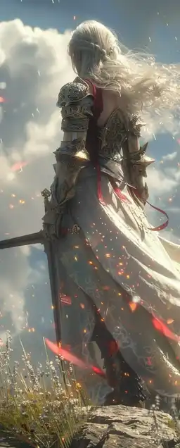 A warrior queen in ornate silver armor standing atop a ruined castle wall, her sword glowing with ancient runes, storm clouds gathering behind her as ghostly banners flutter in the wind