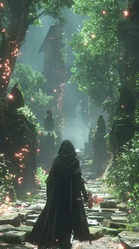 A mystical forest temple guarded by stone golems, overgrown with bioluminescent moss, beams of twilight breaking through towering trees, a cloaked traveler approaching with glowing staff in hand