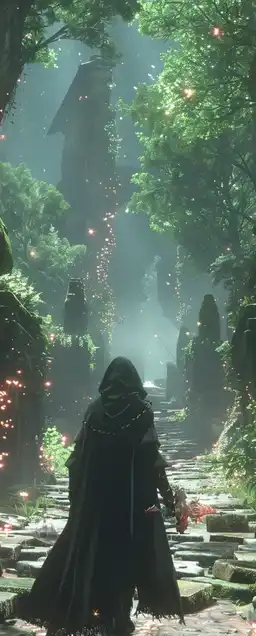 A mystical forest temple guarded by stone golems, overgrown with bioluminescent moss, beams of twilight breaking through towering trees, a cloaked traveler approaching with glowing staff in hand