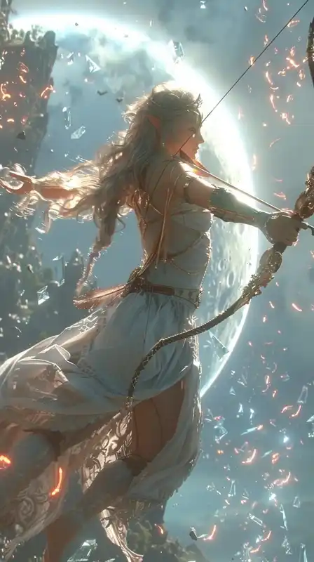 A celestial elf archer mid-leap, golden bow drawn, surrounded by floating magical sigils, a shattered moon in the sky casting silver light on the ruins below