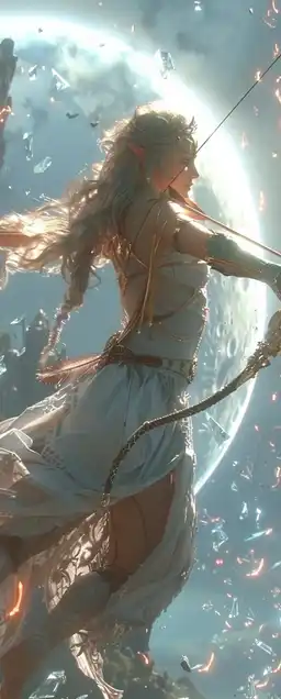 A celestial elf archer mid-leap, golden bow drawn, surrounded by floating magical sigils, a shattered moon in the sky casting silver light on the ruins below