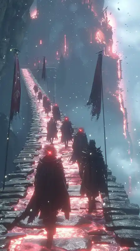 An army of shadow knights crossing a glowing crystal bridge suspended above a void, their eyes glowing red, banners whipping in the wind, massive glowing fortress ahead in the fog