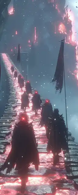 An army of shadow knights crossing a glowing crystal bridge suspended above a void, their eyes glowing red, banners whipping in the wind, massive glowing fortress ahead in the fog