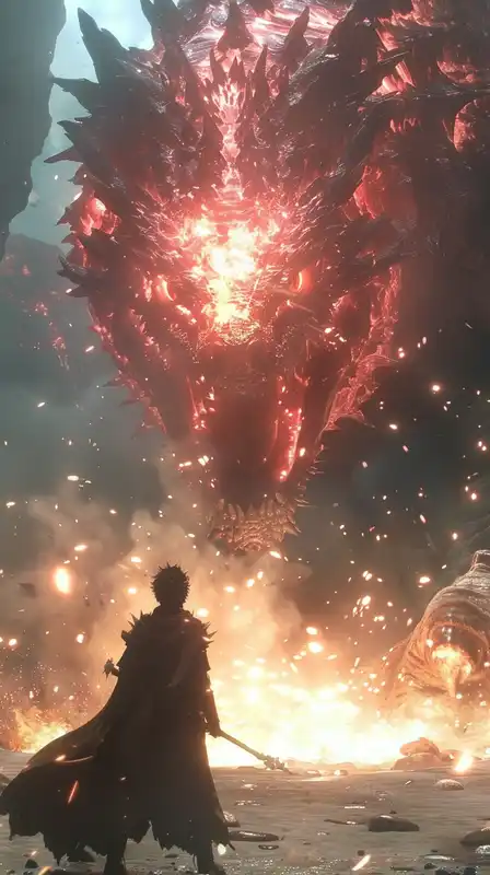 A young sorcerer awakening an ancient dragon from a stone tomb, fiery light erupting around him, sand and magic swirling as enchanted runes light up across the cavern walls
