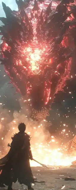 A young sorcerer awakening an ancient dragon from a stone tomb, fiery light erupting around him, sand and magic swirling as enchanted runes light up across the cavern walls