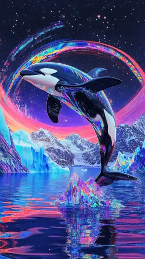 a orca jumping out of the ocean with antarctica icebergs in the background