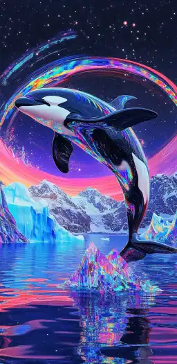 a orca jumping out of the ocean with antarctica icebergs in the background