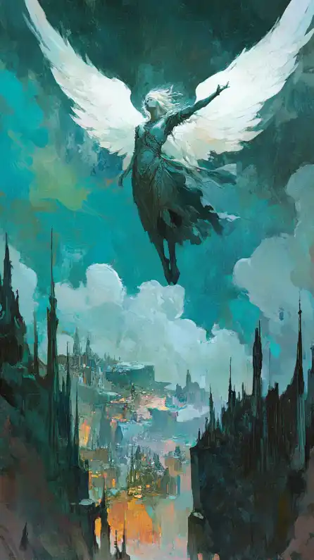 an angel flying above a picturesque landscape