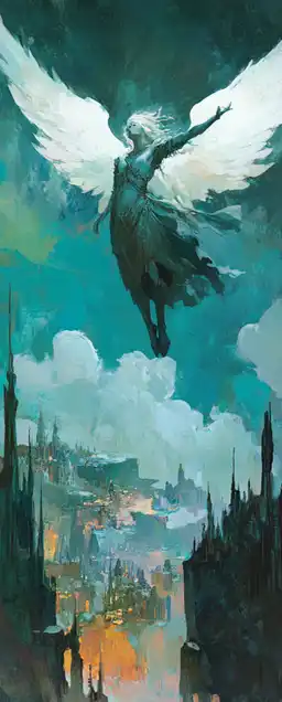 an angel flying above a picturesque landscape