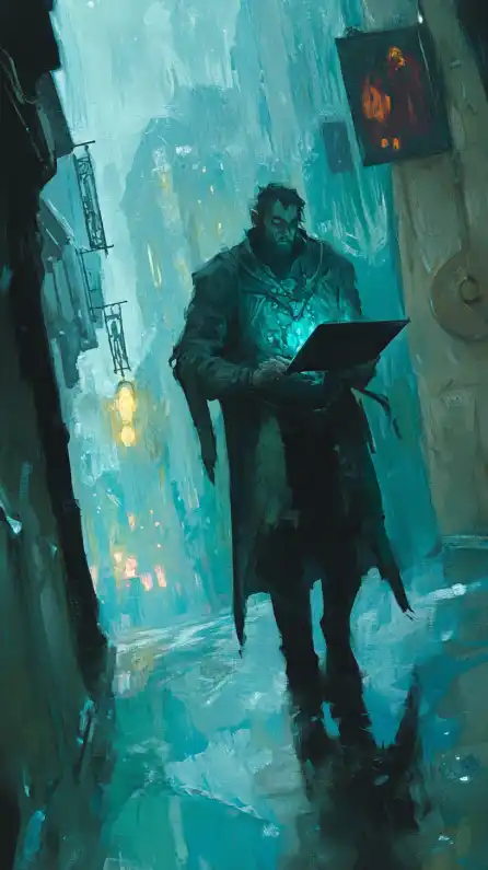 a cypherpunk with his laptop standing on a neon lit street