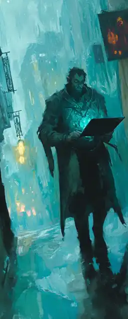 a cypherpunk with his laptop standing on a neon lit street