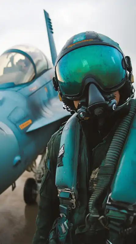 a fighter jet pilot with his helmet standing in front of his fighter jet