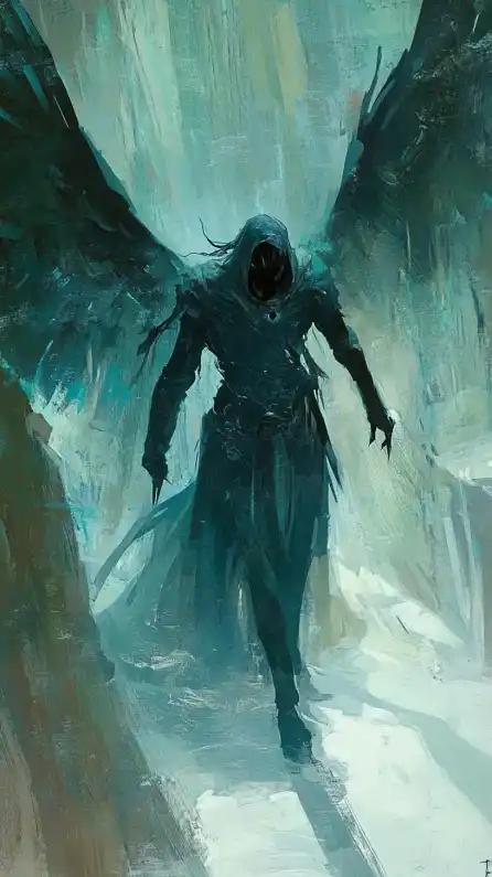 an angry angel walking towards the camera