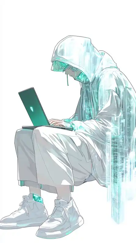 a cyberpunk sitting on his laptop