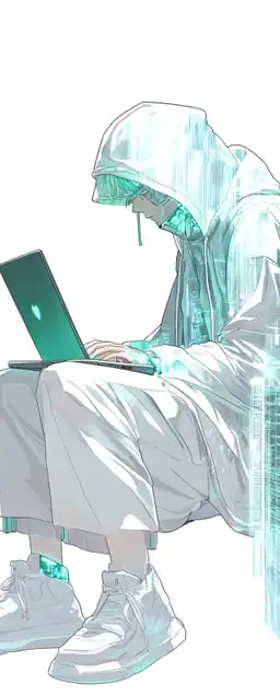 a cyberpunk sitting on his laptop