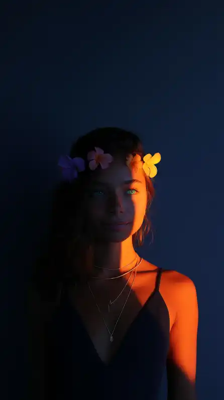 a hawaiian beauty with a prominently feminine body shape, flowers in her hair and bright green eyes