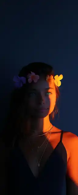 a hawaiian beauty with a prominently feminine body shape, flowers in her hair and bright green eyes