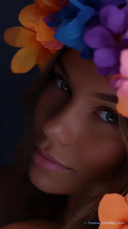 close up fashion shoot of a hawaiian beauty with a prominently feminine body shape, flowers in her hair and bright green eyes