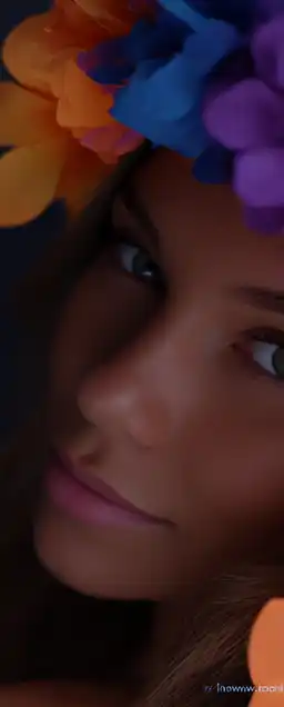 close up fashion shoot of a hawaiian beauty with a prominently feminine body shape, flowers in her hair and bright green eyes