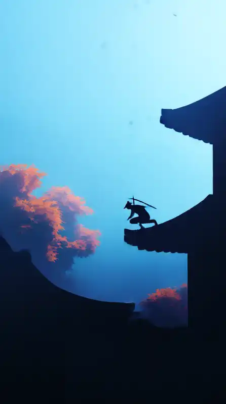 a ninja sneaking on a traditional japanese temple roof and trees