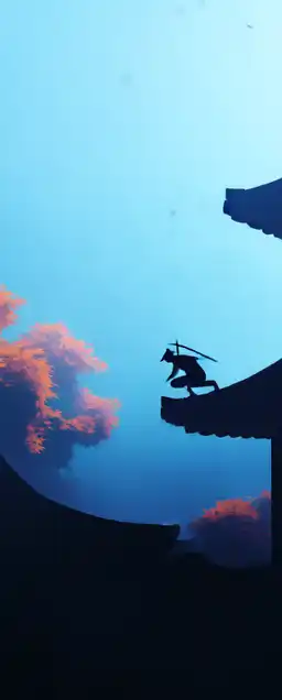a ninja sneaking on a traditional japanese temple roof and trees