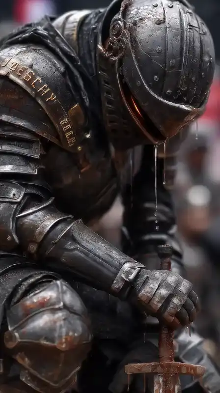 A bloodied warrior in blackened plate armor kneeling in a battlefield soaked with rain and ash, helmet cracked, eyes glowing faint red, broken sword plunged into the mud