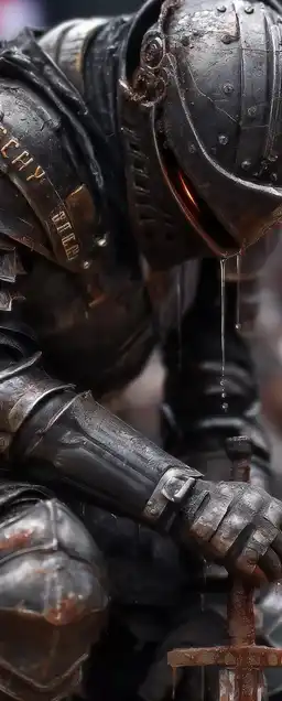 A bloodied warrior in blackened plate armor kneeling in a battlefield soaked with rain and ash, helmet cracked, eyes glowing faint red, broken sword plunged into the mud